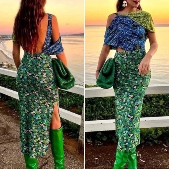 Zara Floral Midi Dress Stretch Asymmetrical Blue Green Print Blogger Fave SizeXS - Picture 1 of 16
